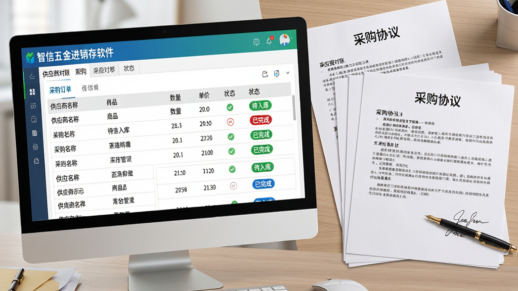 ���壺�����������������Ĳɹ��������棬����չʾ������Ļ�вɹ������б���������Ӧ�����ơ���Ʒ�����������ۡ�״̬�ȣ�����Ϊ�칫���ϵĲɹ���ͬ�ļ������֣���Ļλ�ڻ�����࣬�Ҳ�Ϊֽ�ʺ�ͬ��ǩ�ֱʣ�����ƽ���ӽǡ��Ű棺�����б�ʹ�ñ�����ʽ��״̬���ò�ͬ��ɫ��ǩ���֣�����⡢����ɣ������רҵ��������ɫ����ɫ��׺��ϸ�ڣ���Ļ���С���Ӧ�̶��ˡ���ǩҳ����ͬ��ӡ�С��ɹ�Э�顱���������ʣ�����ϸ�ڣ���Ӱ��Ȼ�����ʸɾ����޶���Ԫ�ء�
