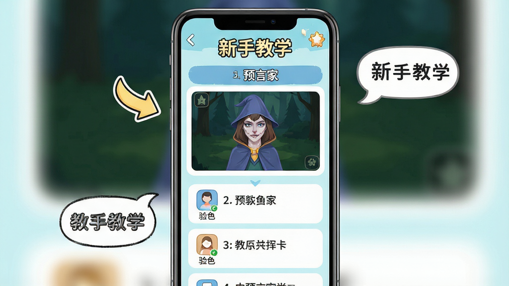 主体:手机界面展示狼人杀新手教学关卡,教程角色“预言家”正在演示验人操作;布局:居中展示手机屏幕,周围配以卡通教学箭头与文字气泡;排版:纵向构图,教程步骤自上而下排列;风格:清新简洁的UI风格,浅色背景;细节:界面图标清晰,文字“新手教学”醒目;画质:高清,干净,无多余元素