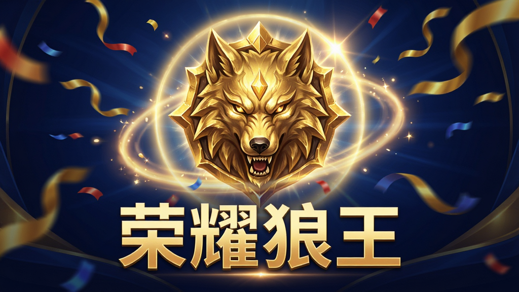 主体:游戏段位晋升画面,金色狼王徽章闪耀,周围环绕光环与彩带;布局:徽章居中,下方显示“荣耀狼王”四个大字;排版:对称构图,庄严大气;风格:华丽炫酷的卡片风格,金色与深蓝为主色调;细节:徽章纹理精细,光效自然;画质:高清,干净,无多余元素