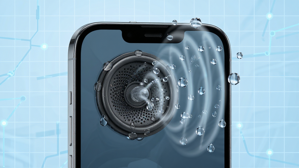 手机排水软件声波排水功能演示,手机扬声器部位有水珠被声波震出的动态效果,背景为浅蓝色科技网格,主体为手机特写,布局居中,排版直观,风格清新,细节丰富,画质清晰,干净无多余元素