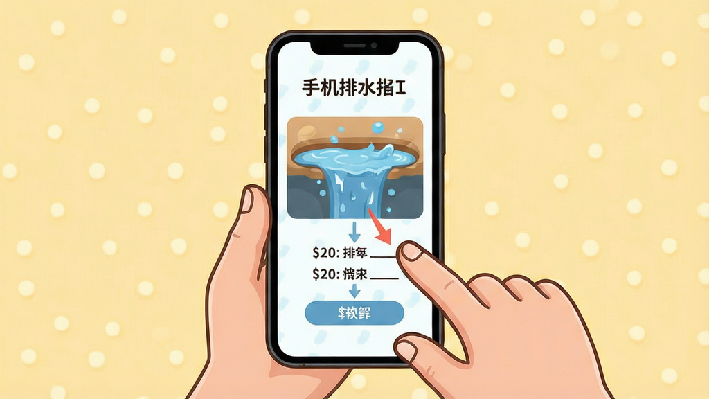 手机排水软件使用教程示意图,手机屏幕显示操作步骤,背景为浅黄色温馨色调,主体为手机与手部操作,布局清晰,排版简洁,风格卡通,细节丰富,画质高清,干净无多余元素