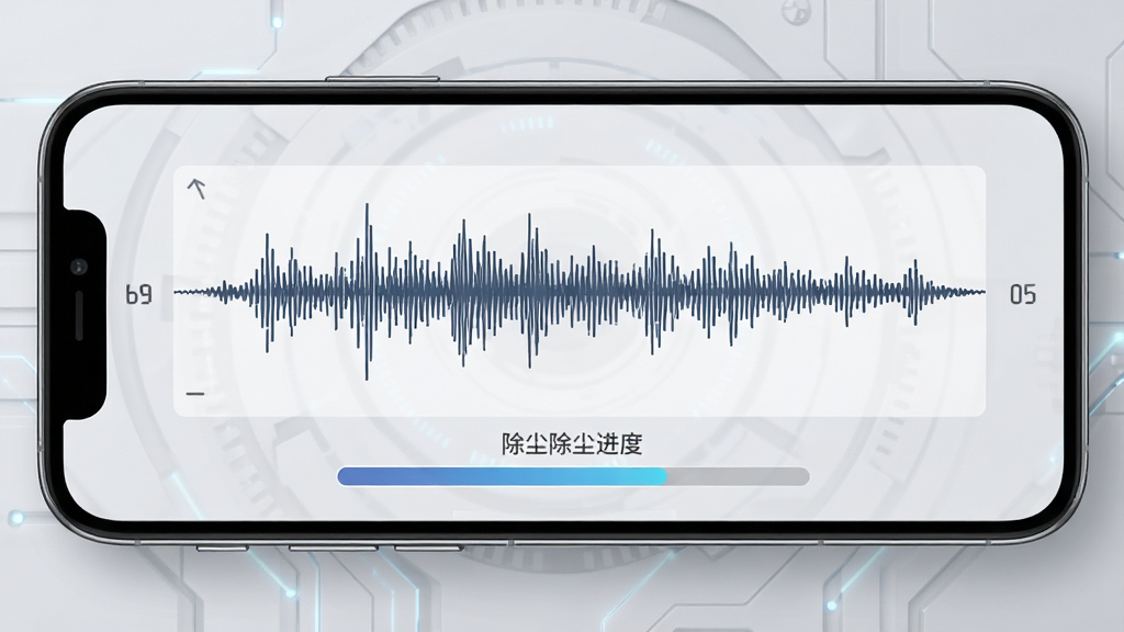 手机排水软件扬声器除尘检测界面,手机屏幕显示音频波形图与除尘进度,背景为浅灰色科技感,主体为手机屏幕特写,布局居中,排版简洁,风格专业,细节清晰,画质高清,干净无多余元素