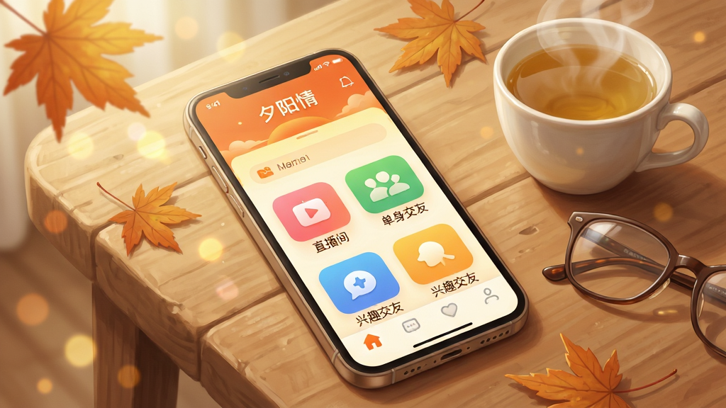 ��������Ϊһ�������ֻ���Ļ����Ļ������չʾ��Ϧ���顱APP�Ľ��棬��������ܰ��������ɫ��Ϊů��ɫ�͵���ɫ���ֻ�б����һ��ԭľɫ�����ϣ��Ա߷���һ��ð������������һ���ϻ����������ϣ��ֻ���Ļλ�ڻ������룬��Χ��׺�ż�Ƭ��Ҷ����͵Ĺ��Ρ��Ű��ϣ�APP�����п��Կ�����ֱ���䡱�����������ѡ�������Ȥ���ѡ��Ȳ�ɫ����ͼ�ꡣ������Ϊдʵ��廭��ϣ����������ů��ϸ�ڷḻ�����������ɾ����޶���Ԫ�ء�