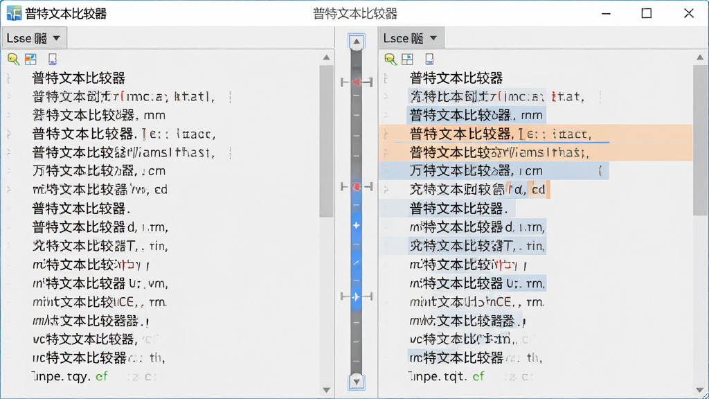 主体是普特文本比较器软件界面,左右分栏对比布局,左侧文本与右侧文本高亮显示差异行,中间差异滚动条,整体风格简洁专业,背景浅灰色,界面干净无多余元素,画质清晰,软件名称“普特文本比较器”置于界面顶部,排版规整,细节丰富。