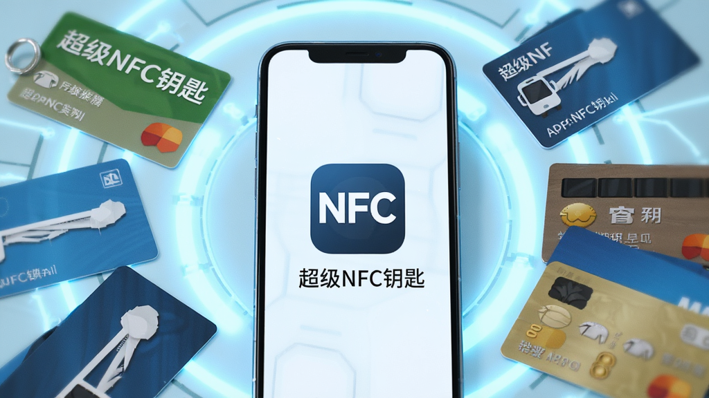 一张智能手机屏幕正中央显示超级NFC钥匙APP的LOGO图标,手机旁边散落着公交卡、门禁卡、银行卡等实体卡片,背景为浅蓝色科技感光效,布局简洁现代,突出手机替代实体卡片的主题,画质高清,干净无多余元素,文字标注“超级NFC钥匙”