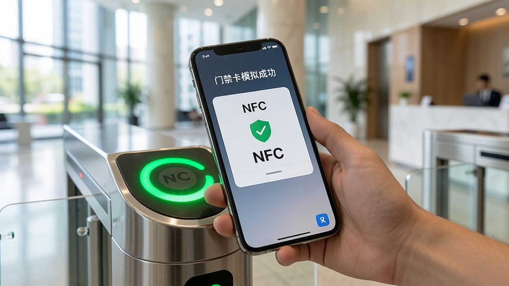 一张智能手机屏幕显示超级NFC钥匙APP的“门禁卡模拟成功”界面,手机放在门禁闸机上,闸机绿灯亮起,背景为写字楼大厅,画面清晰,光线明亮,强调成功通行的场景,画质干净,无多余元素