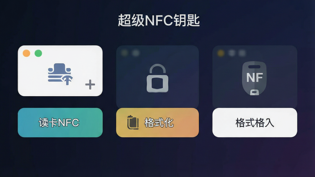 超级NFC钥匙应用界面截图,展示卡片读取、写入、格式化三大功能按钮,界面风格扁平化,图标清晰,背景为深色渐变,突出功能菜单,排版简洁,画质高清,干净,无多余元素,文字标注“超级NFC钥匙”
