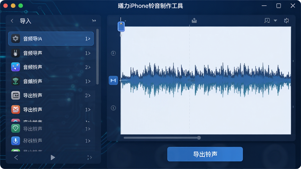 画面中央展示“曦力iPhone铃音制作工具”软件主界面,左侧为音频导入列表,右侧为波形编辑区域,下方有“导出铃声”按钮,整体采用深蓝色科技感UI设计,界面干净整洁,图标清晰,画质细腻,无多余元素。