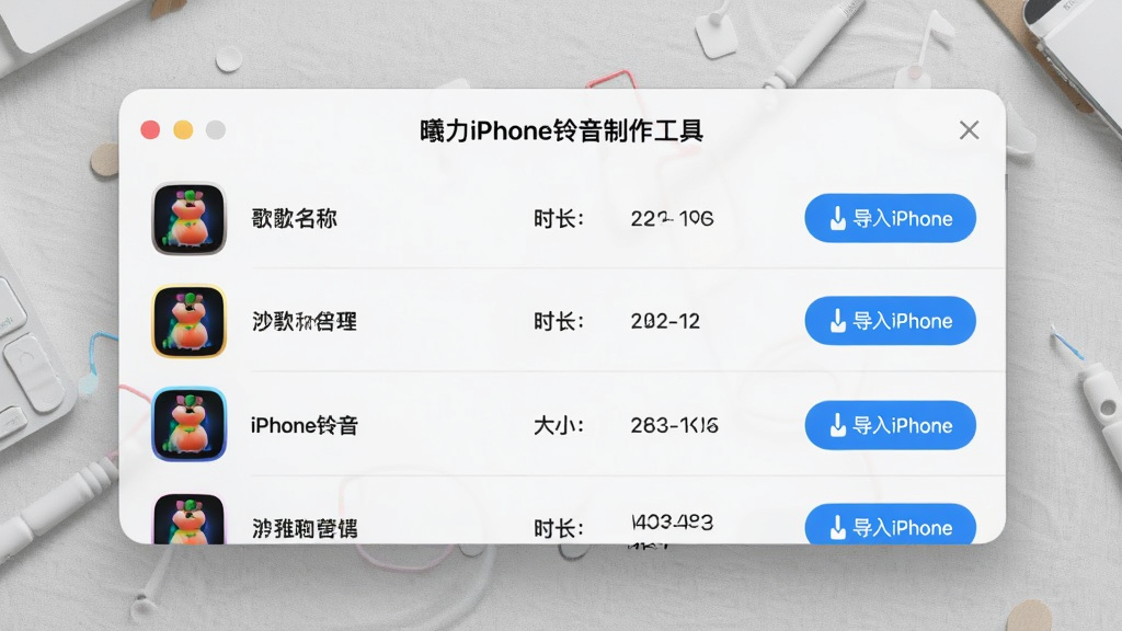 展示“曦力iPhone铃音制作工具”的铃声管理列表,列表中包含歌曲名称、时长、大小信息,右侧有“导入iPhone”按钮,背景为浅灰色质感桌面,界面风格清爽,图标圆润,画质干净。