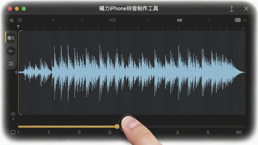 在“曦力iPhone铃音制作工具”波形编辑界面,用户手指拖动金色时间标尺选取片段,背景为深灰色调,波形图清晰展示音频节奏变化,界面四周有柔光效果,画质干净,无多余文字。