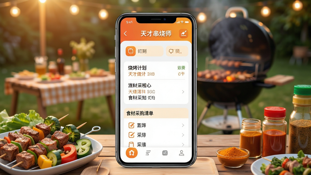 主体:天才串烧师App界面展示,手机屏幕中显示烧烤计划列表和食材采购清单,背景是温馨的户外烧烤场景。布局:手机居中,界面内容清晰可见,周围有烤串、蔬菜、调料等元素点缀。排版:界面与背景层次分明,文字信息可读。风格:写实与扁平结合,色彩明亮温暖,突出实用感。细节:界面显示“天才串烧师”字样和功能图标,背景虚化。画质:高清,干净,无多余元素。