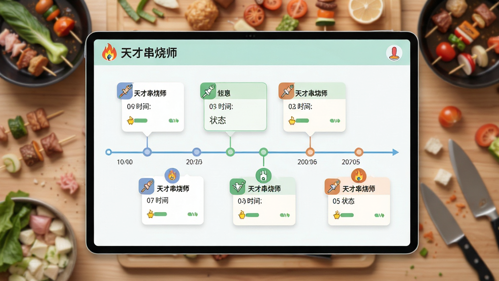 主体:天才串烧师智能派对计划界面,显示时间轴和任务清单,背景是准备食材的桌面。布局:界面以时间轴为中心,任务卡片依次排列,色彩清新。排版:任务名称、时间、状态清晰标注。风格:扁平化设计,简洁明快。细节:界面有“天才串烧师”Logo,任务节点用图标区分。画质:高清,干净,无多余元素。