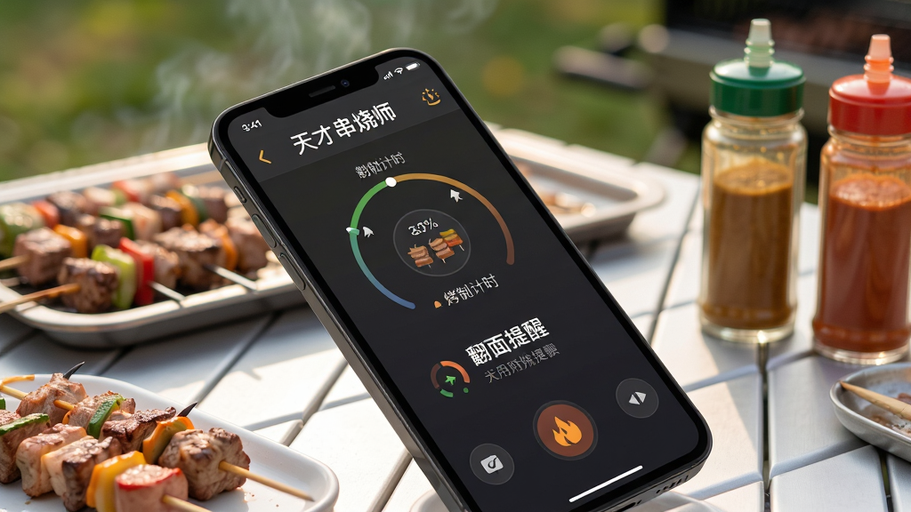 主体:天才串烧师应用操作示意图,手机屏幕显示烤制计时和翻面提醒,背景是户外烧烤桌。布局:手机倾斜放置,屏幕内容清晰,周围有烤串和调料瓶。排版:界面截图与实物结合,文字说明标注。风格:写实摄影风格,自然光线。细节:屏幕上有“天才串烧师”字样,背景虚化。画质:高清,干净,无多余元素。