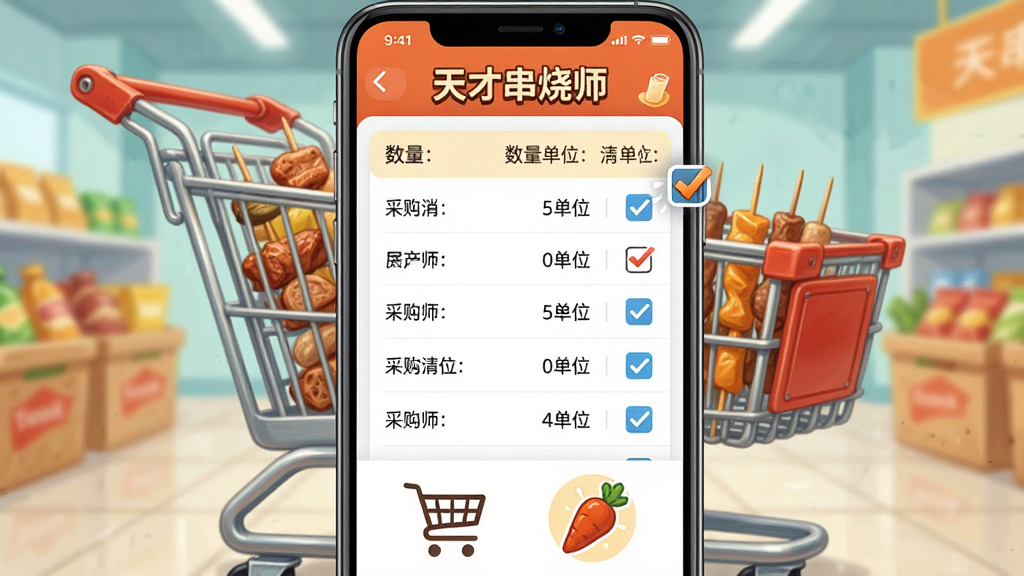 主体:天才串烧师采购清单页面,显示分类列表和勾选状态,背景是超市购物车。布局:手机界面占据主要位置,下方有购物车和食材图标。排版:清单项目清晰,数量与单位对齐。风格:写实与插画结合,色彩活泼。细节:界面有“天才串烧师”字样,勾选动画效果。画质:高清,干净,无多余元素。