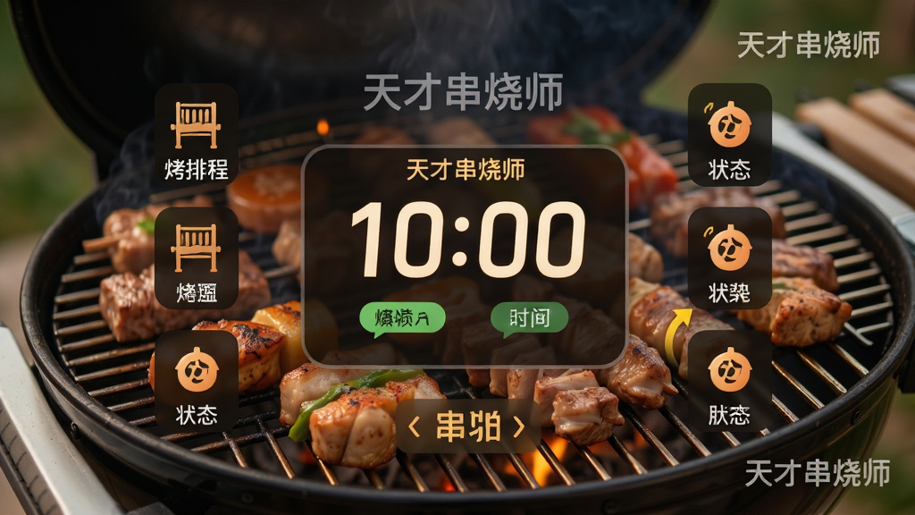 主体:天才串烧师烤制计时界面,显示烤架排程和计时器,背景是烧烤炉上的食物。布局:计时器居中,烤架排程以图标形式围绕,背景食物诱人。排版:时间数字大而醒目,状态标签清晰。风格:真实摄影与UI结合,暖色调。细节:界面有“天才串烧师”水印,翻面提示动画。画质:高清,干净,无多余元素。
