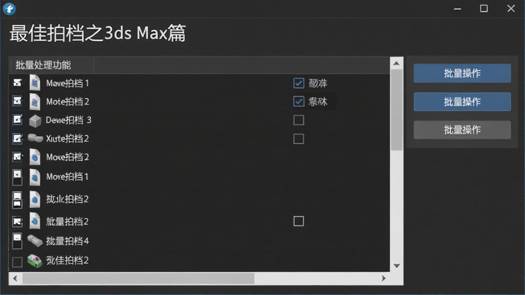 展示“最佳拍档之3ds Max篇”软件中批量处理功能的操作界面,界面中有一个列表列出多个模型文件,旁边有复选框和批量操作按钮,背景为深灰色,界面简洁明快,文字清晰,画质干净,无多余元素