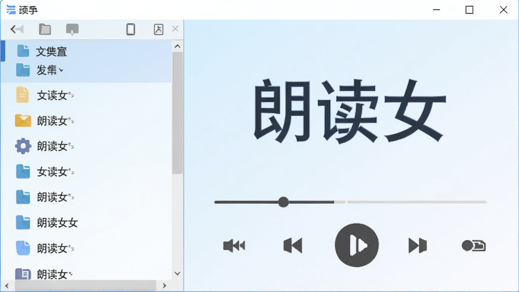 朗读女软件主界面预览图,展示其简洁清爽的布局,左侧为文件列表,右侧为播放控制区域,背景为淡雅的蓝白渐变,图标风格扁平化,突出“朗读女”三个字,整体画质清晰干净,无多余元素。