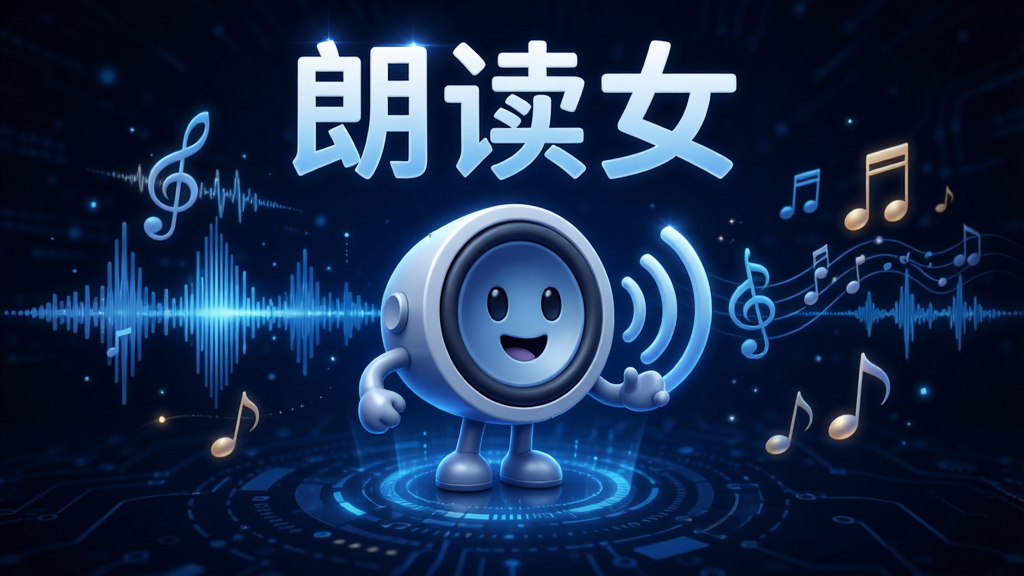 朗读女智能语音合成功能展示图,画面中央有一个拟人化的扬声器图标,周围环绕着各种波形和音符元素,背景为深蓝色科技感风格,突出“朗读女”名称,画质清晰,细节丰富,无多余元素。