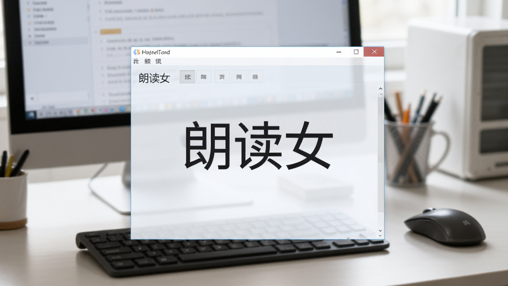 朗读女在电脑桌面上运行的实拍图,画面显示软件窗口半透明,背景为工作桌面,有键盘和鼠标,光线明亮,突出“朗读女”软件界面清晰,画质干净,无多余元素。