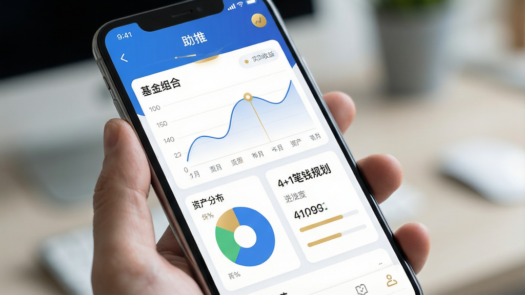 一幅展示智能手机屏幕的图片,屏幕中清晰显示“助推”App的主界面,界面包含基金组合的实时收益曲线、资产分布饼图以及“4+1笔钱规划”的进度卡片。整体风格现代简洁,以蓝白为主色调,配以金色点缀,突出专业、可靠、智能的理财氛围。主体为手机持握特写,背景虚化,排版干净,画质高清,无多余元素