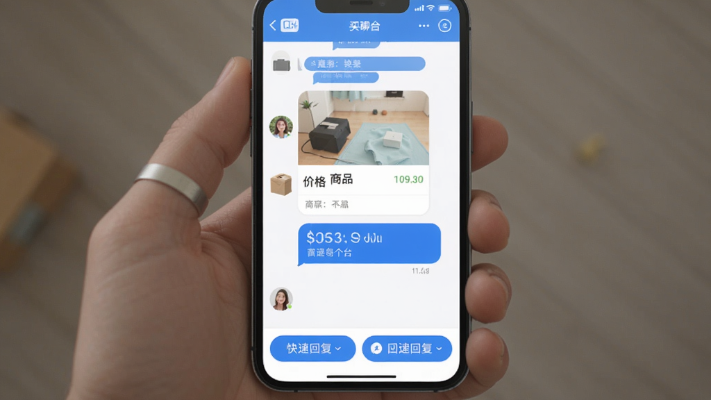 ����ƽ̨ת�ֽ���APP����������棬��ʾ����˫���Ի����ݣ�������ƷͼƬ��۸���Ϣ���·��п�ݻظ���ť���������Ѻã���ƽ����ƣ�������ɫ���߻��ʣ��޶���Ԫ��