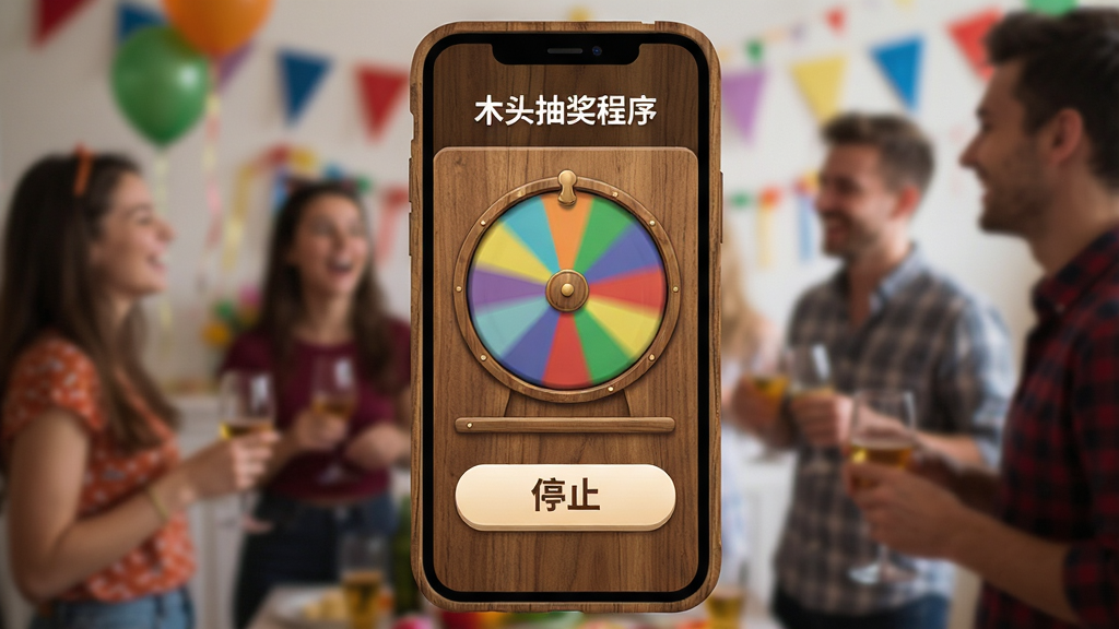 ���壺�ֻ���Ļ����ʾľͷ�齱����ĳ齱���棬ת�̹����У��·��С�ֹͣ����ť�����֣��ֻ����У�����Ϊģ���ľۻ��ֳ����Ű棺�����࣬��ť�����Ŀ�������ʵ�����񣬾۽��ֻ���Ļ��ϸ�ڣ��ֻ���Ե��ľ���ֻ��ǣ���Ļ����ʾ��ľͷ�齱����������ת�����в�ɫ�飻���ʣ����壬�ɾ����޶���Ԫ�ء�