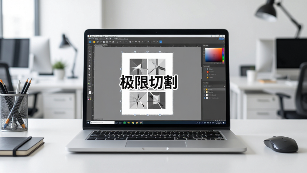 主体:一台笔记本电脑上显示极限切割软件正在运行,布局:电脑屏幕显示排版界面,周围环境是办公室,排版:电脑居中,风格:写实、明亮,细节:屏幕上有“极限切割”字样,画质:高清、干净、无多余元素