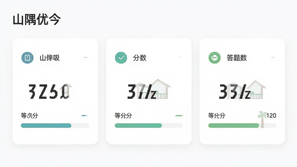 山隅优今数据统计界面,主体为等级、分数、答题数三项数值展示,布局采用卡片式,排版整齐,风格简约,细节包括进度条与图标,画质高清干净,无多余元素,文字标注“山隅优今”