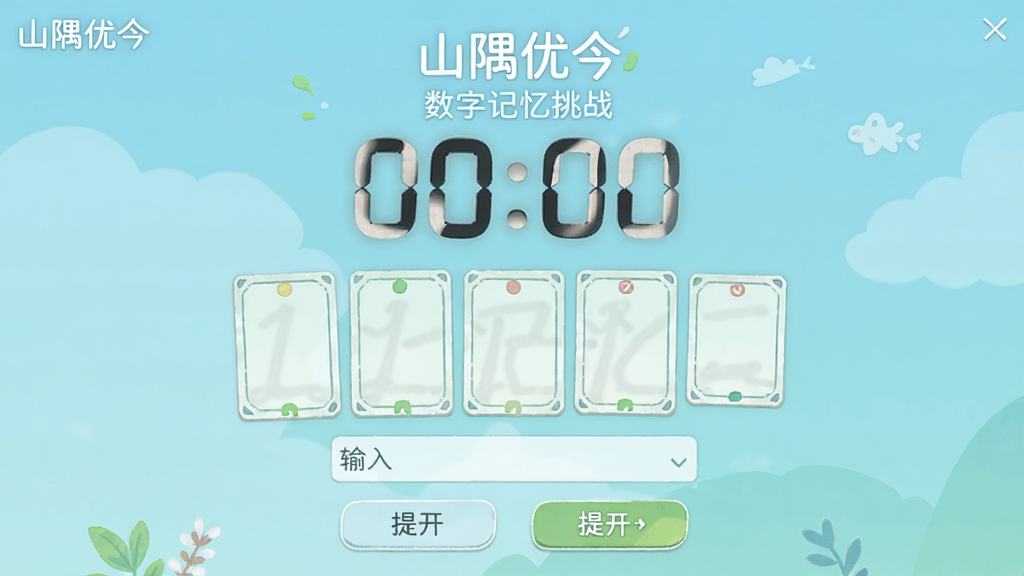 山隅优今游戏界面展示数字记忆挑战,主体为倒计时数字与记忆卡片,布局居中,排版简洁,风格清新,细节包括输入框与提示按钮,画质清晰干净,无多余元素,文字标注“山隅优今”