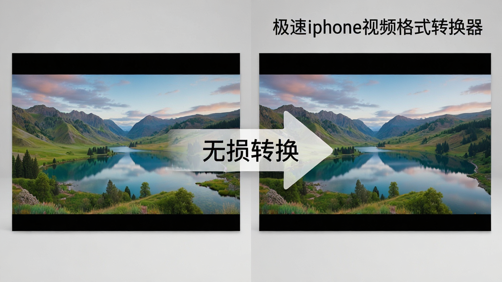 画面主体为左右对比视图,左侧为原始视频画面,右侧为经过“极速iphone视频格式转换器”转换后的画面,两侧画面均呈现一帧色彩丰富的风景影像。中央用半透明的白色箭头连接,并配有“无损转换”字样。背景为浅灰色的干净工作室环境,布局采用对称式设计,风格为写实对比风格,细节上突出两侧画面细腻的色彩与纹理,画质高清干净,无多余元素。
