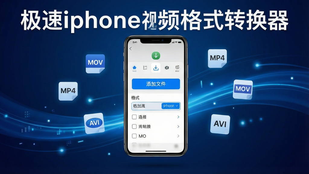 画面主体为一台现代化的iPhone手机悬浮于半空中,手机屏幕内展示着极速iphone视频格式转换器的操作界面,界面中包含醒目的蓝色“添加文件”按钮和格式选择列表。背景采用深蓝色科技感渐变,搭配流动的光效与悬浮的格式图标(MP4、MOV、AVI)。整体布局采用居中构图,排版简洁明快,风格为现代扁平化设计结合科技光效,细节上突出软件名称“极速iphone视频格式转换器”字样,画质清晰干净,无多余元素。