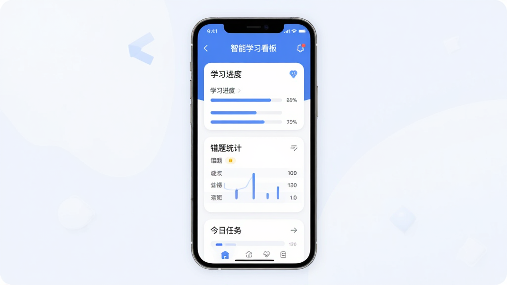 ҽ������APP�����棬չʾ����ѧϰ���壬����Ϊ�ֻ���Ļ����ʾѧϰ���ȡ�����ͳ�ƺͽ������񣬲����������Ű��࣬����������ɫ���ִ���ƽ����Ʒ��ϸ�ڰ���Բ�ǿ�Ƭ����������ͼ�꣬���ʸ���ɾ��޶���Ԫ��