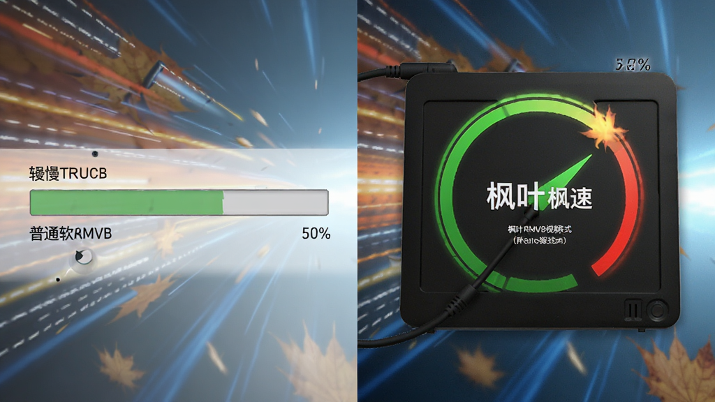 枫叶RMVB视频格式转换器转换速度对比图,左侧为普通软件缓慢进度条,右侧为枫叶软件快速完成状态,背景为动态速度线条,风格写实,画质清晰,无多余元素