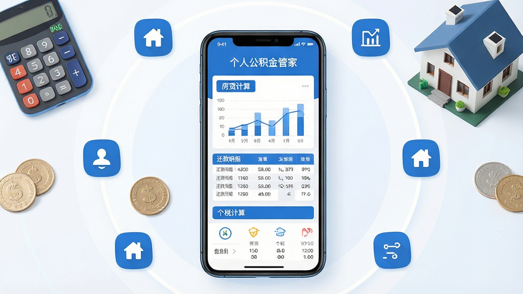 主体:智能手机屏幕展示个人公积金管家APP界面,周围环绕计算器、人民币硬币、房屋模型等元素。布局:手机居中,功能图标以环形排列周围。排版:界面清晰显示“个人公积金管家”字样及房贷计算图表。风格:扁平化现代科技风,蓝白主色调。细节:屏幕内展示还款明细表格与个税计算界面。画质:8K超高清,干净,无多余元素。