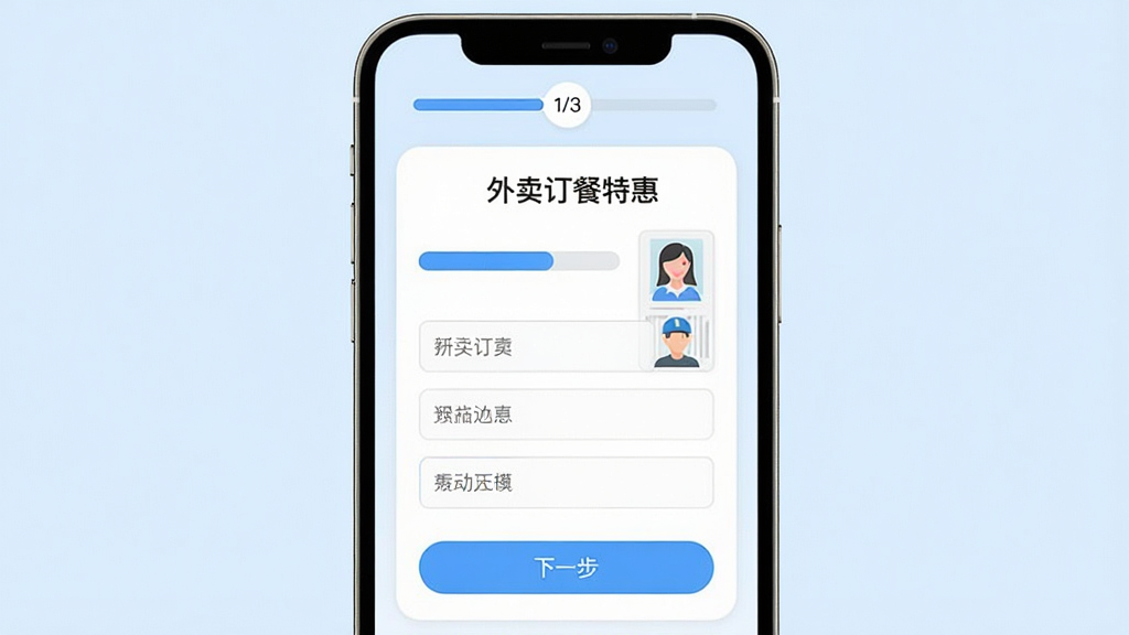 ��������Ϊ�ֻ�APP���棬չʾ�����������ػݡ�������ע��ҳ�棬ҳ�����ж�������͡���һ������ť�������н�������ʾ��1/3��������Ϊ���п�Ƭʽ��ƣ�����Ϊ����ɫ�����Ϊ���¼���UI���ϸ���ϣ����������ʾ�����֣����������������֮һ���Ա�����һ������֤��Ƭ��ʾ��ͼ�����ʸɾ����޶���Ԫ�ء�