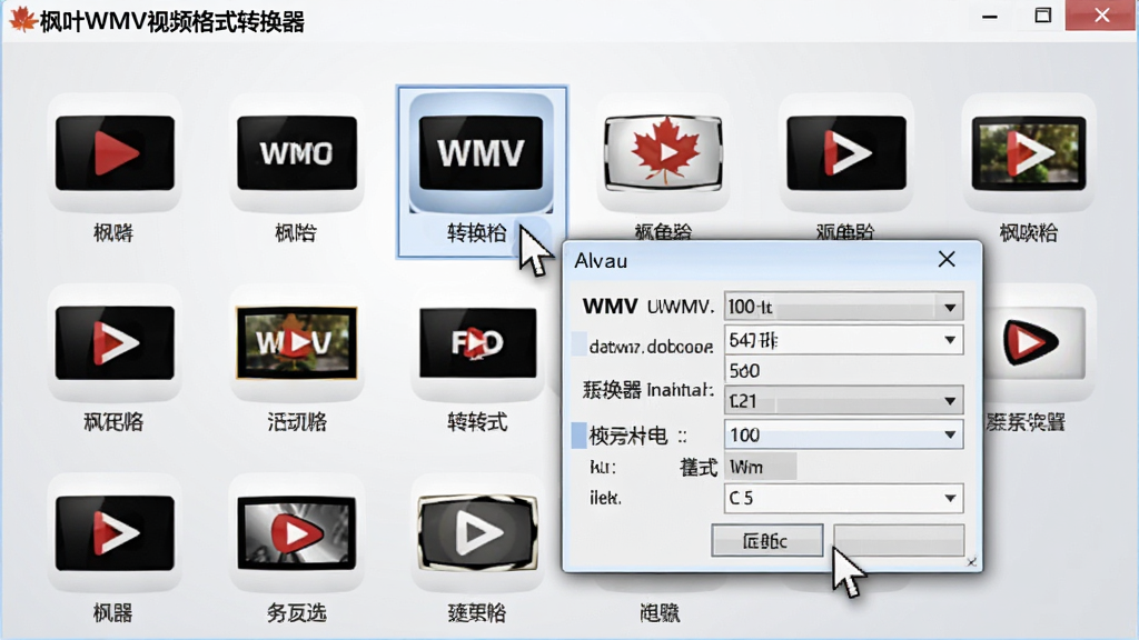 枫叶WMV视频格式转换器的格式选择界面预览图,展示多种视频格式图标整齐排列,鼠标悬停在WMV格式上,弹出详细参数设置窗口,背景为柔和的浅灰色渐变,界面元素清晰标注,整体风格清爽专业,画质高清新,无多余杂物,顶部显示软件名称“枫叶WMV视频格式转换器”