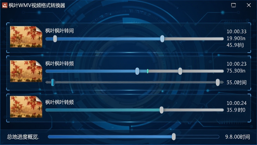枫叶WMV视频格式转换器的批量转换任务运行界面,显示多个视频文件正在同步处理,每个任务带有进度条和剩余时间,界面底部有总的进度概览,整体设计直观流畅,背景为深蓝色科技感风格,文字清晰可读,画质干净,无多余元素,软件名称“枫叶WMV视频格式转换器”出现在左上角