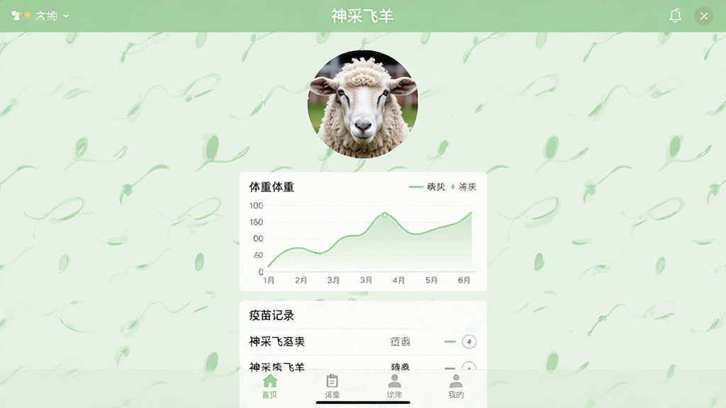 主体:“神采飞羊”软件界面,展示一只羊的详细档案页面,包含羊只照片、体重曲线图和疫苗记录;布局:界面居中,上方为羊只头像,下方为数据图表和记录列表;排版:信息分区明确,图表线条流畅,文字标签清晰;风格:扁平化设计,浅绿色主色调,干净整洁;细节:屏幕顶部显示“神采飞羊”,底部有导航栏;画质:高清,干净,无多余元素。
