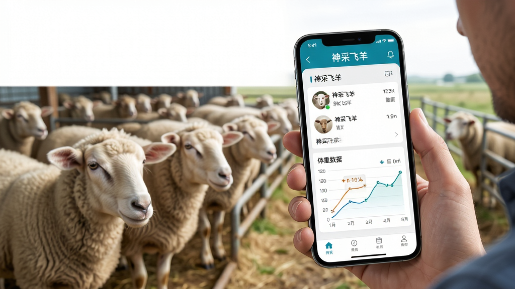 主体:一位养殖户正在使用手机上的“神采飞羊”软件,手机屏幕清晰显示羊只档案列表和体重曲线图;布局:手机位于画面中央偏右,左侧有羊群背景,上方留白;排版:手机界面细节突出,列表项排列整齐,图表数据可视化;风格:写实风格,色彩自然明亮,农业科技感;细节:手机屏幕中显示“神采飞羊”字样和羊只头像,背景羊群清晰;画质:8K超清,干净,无多余元素。