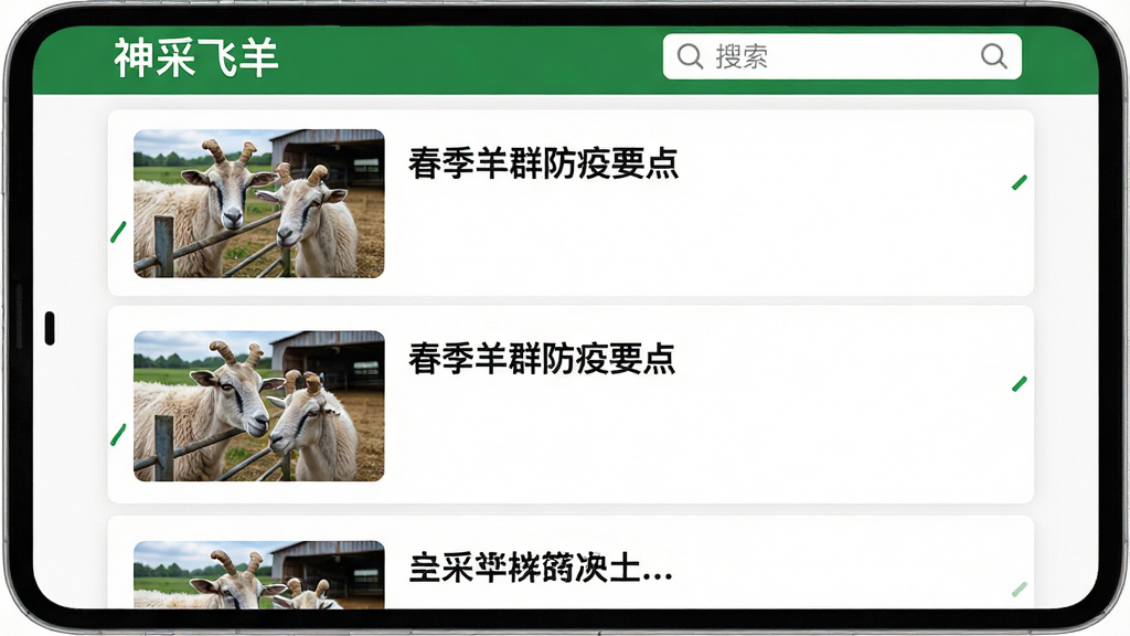 主体:“神采飞羊”软件内文章列表页,展示多篇农技文章标题和缩略图,如“春季羊群防疫要点”;布局:列表式排版,每行一篇,缩略图在左,标题在右;风格:简洁阅读风格,绿色点缀;细节:屏幕顶部有“神采飞羊”字样和搜索框;画质:高清,干净,无多余元素。