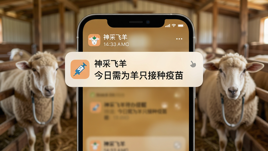主体:手机通知栏弹出“神采飞羊”的待办提醒,显示“今日需为羊只接种疫苗”字样,背景是羊舍;布局:手机居中,通知栏突出显示提醒内容,背景羊舍虚化;排版:提醒文字醒目,图标简洁;风格:写实与UI结合,色彩温暖;细节:手机屏幕显示“神采飞羊”和提醒时间;画质:高清,干净,无多余元素。