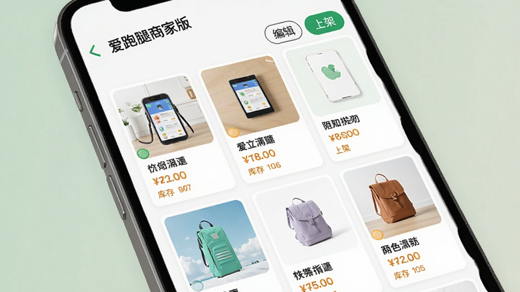 �ֻ���Ļչʾ���������̼Ұ桱����Ʒ�������棬��Ʒ�Կ�Ƭ��ʽ���У�ÿ�ſ�Ƭ������ƷͼƬ�����ơ��۸�Ϳ�����������Ͻ��С��༭���͡��ϼܡ���ť������UI��Ƽ�࣬ɫ�ʺ�г�����ʸɾ����޶���Ԫ�ء�