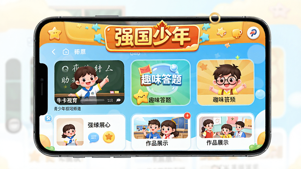 牛咔视频强国少年频道界面,展示青少年学习互动内容,包含教育视频、趣味答题、作品展示区,页面色彩明亮活泼,卡通风格元素点缀,有“强国少年”字样标识,手机界面展示,画质清晰,设计友好,无多余杂乱元素