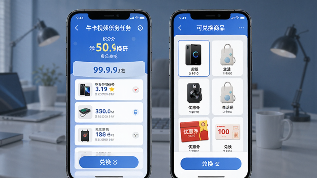 牛咔视频积分商城页面,展示积分赚取任务列表和可兑换商品,包括电子产品、生活用品、优惠券等,界面设计清爽,有积分数字显示和兑换按钮,手机界面,蓝色主色调,画质清晰,排版规整,无多余元素
