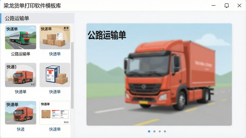 主体:梁龙货单打印软件模板库界面,左侧列表展示多种货单模板名称。布局:左右分栏设计,左侧模板列表,右侧为模板预览大图。排版:整齐有序,缩略图清晰。风格:扁平化UI设计风格,色彩柔和。细节:模板缩略图上标注“公路运输单”、“快递单”等字样。画质:高清界面截图风格,干净,无多余元素。