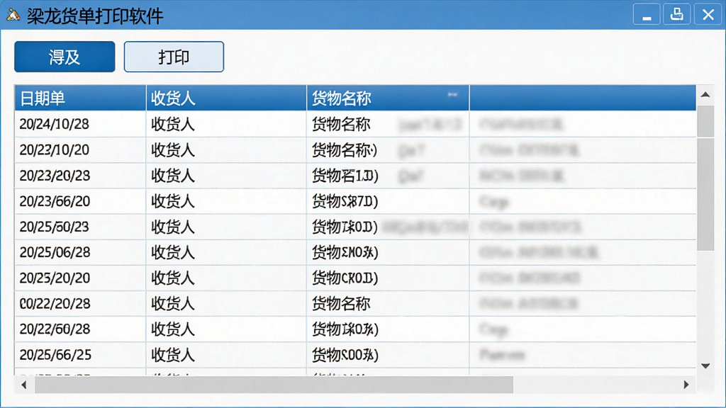主体:梁龙货单打印软件的数据管理界面,显示一个表格,包含多行货单数据。布局:表格占据主要区域,顶部有导入和打印按钮。排版:数据行清晰,有滚动条。风格:商务简洁风格,蓝白配色。细节:表格中显示日期、收货人、货物名称列。画质:清晰锐利,干净,无多余元素。