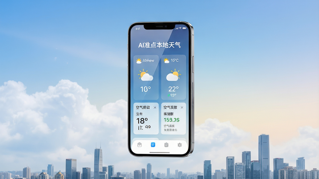 主体为一部智能手机悬浮在蓝天白云与城市天际线之间,屏幕显示“AI准点本地天气”应用界面,界面清晰展示温度、天气图标和空气质量指数。布局采用中心构图,手机占据视觉焦点,背景为柔和渐变天空。排版上应用界面元素简洁明了,突出数据展示。整体风格为现代科技感与清新自然结合,细节包括屏幕反光、图标精致。画质高清细腻,干净无多余元素。