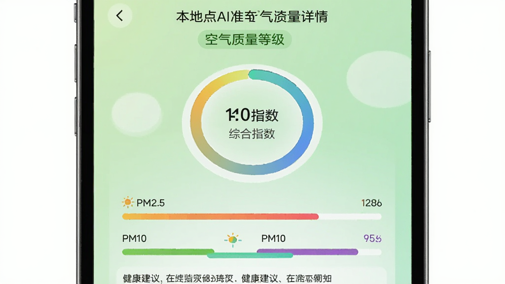 主体为手机屏幕展示AI准点本地天气的空气质量详情页,布局采用环形进度图展示综合指数,下方用彩色进度条列出PM2.5、PM10等各项污染物数值。排版清晰,数据可视化强。风格清新,背景为浅绿色渐变,细节包括空气质量等级标签和健康建议文字。画质干净,无多余元素。