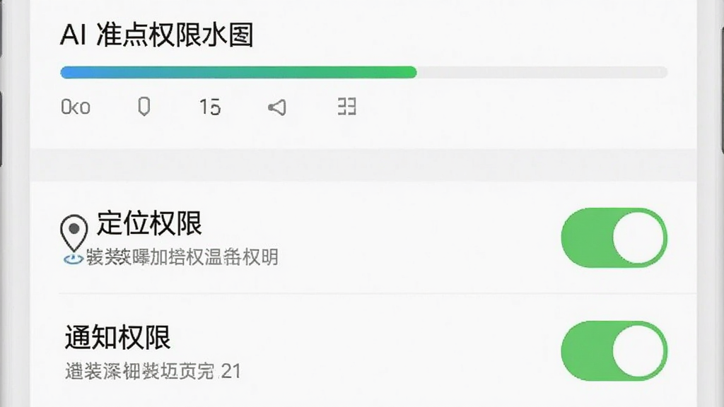 主体为一张手机截图展示AI准点本地天气的安装与权限设置界面,布局分为上下两部分,上半部分是安装进度条,下半部分是权限开关列表。排版清晰,重点标注“定位权限”和“通知权限”。风格为简洁的教程图解风格,细节包括每个权限的说明文字。画质干净,无多余元素。