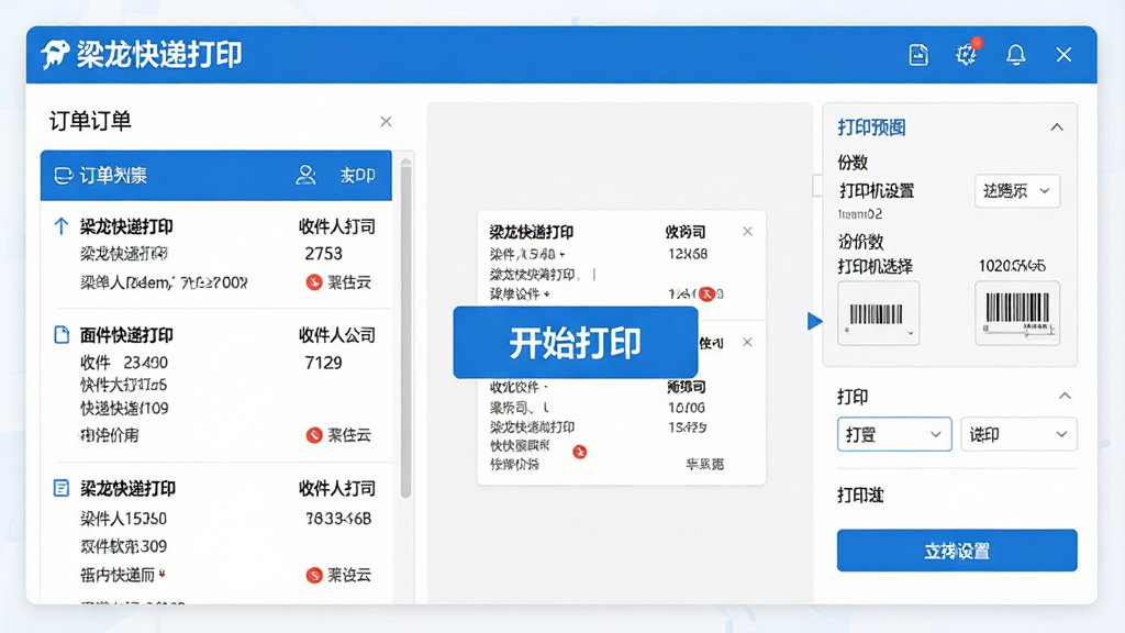主体:梁龙快递打印软件的主界面展示图。布局:左侧为订单列表,右侧为面单预览及打印设置面板,中间有醒目的“开始打印”按钮。排版:界面采用左右分栏式设计,功能图标清晰,色彩以蓝白为主。风格:现代简洁的软件界面风格,突出科技感与实用性。细节:订单列表显示收件人信息与快递公司,面单预览清晰,打印设置包含份数和打印机选择,界面文字标注“梁龙快递打印”。画质:高清、干净、无多余元素。